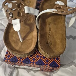 Tory Burch White and Brown Sandals New With Box Size 9